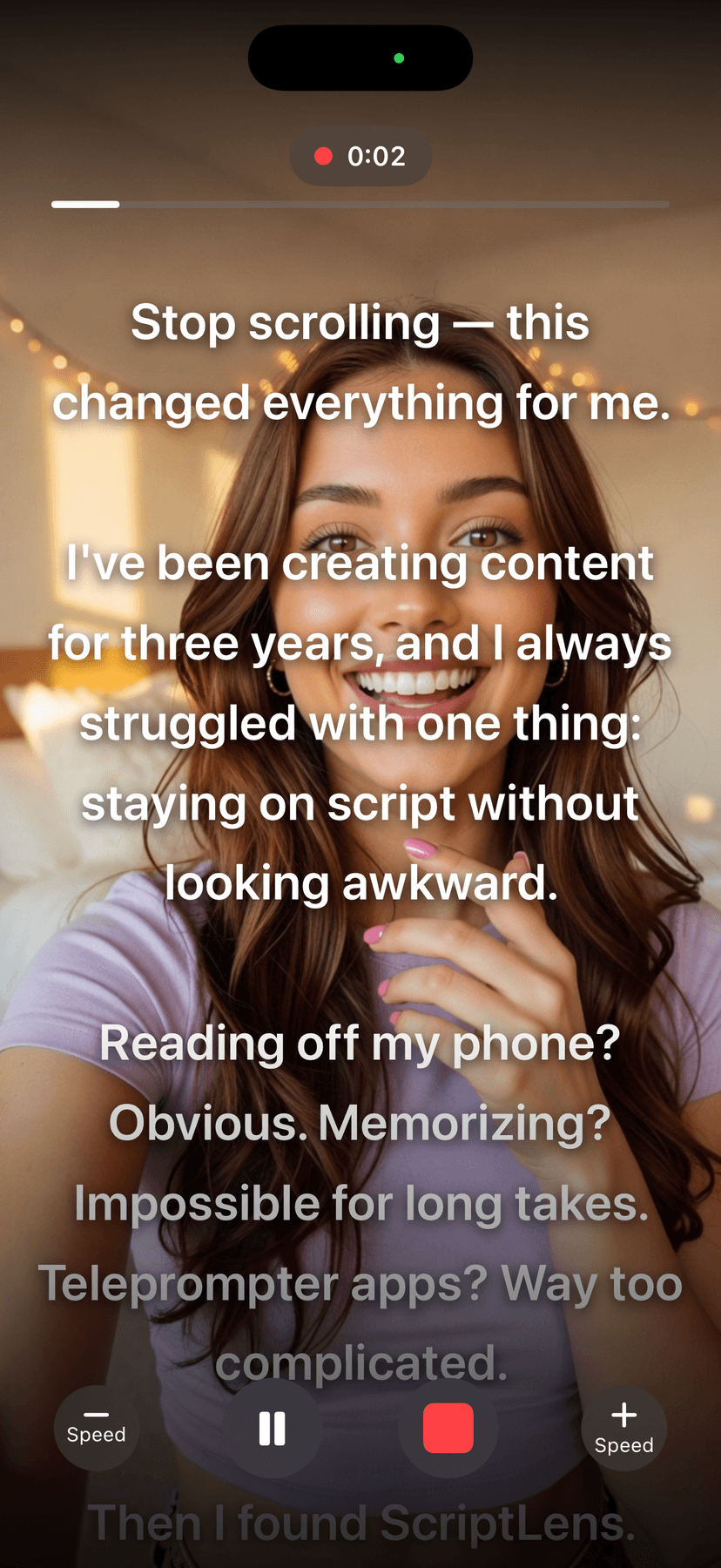 ScriptLens teleprompter overlay scrolling over the live camera feed