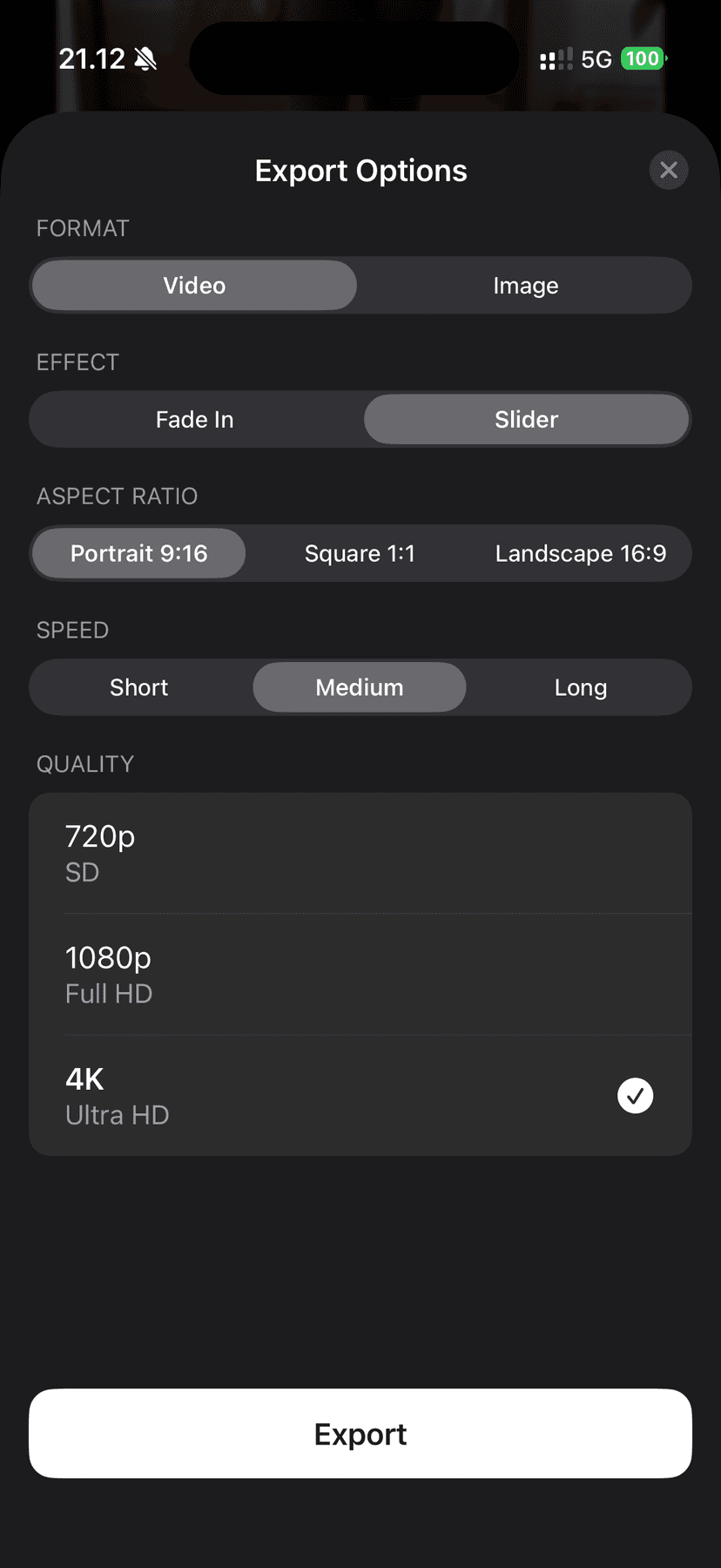 Before After Studio export settings with video and image options